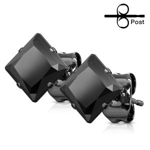 Clous pour Oreilles Carrés Noirs Sertis en Acier Inoxydable