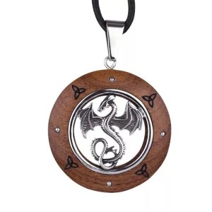 Pendentif Dragon en bois et acier inoxydable